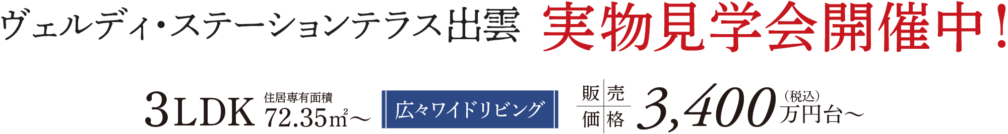 ヴェルディ・ステーションテラス出雲 実物見学会開催中！ 3LDK／住居占有面積72.35平米〜 販売価格（税込）3,400万円台〜